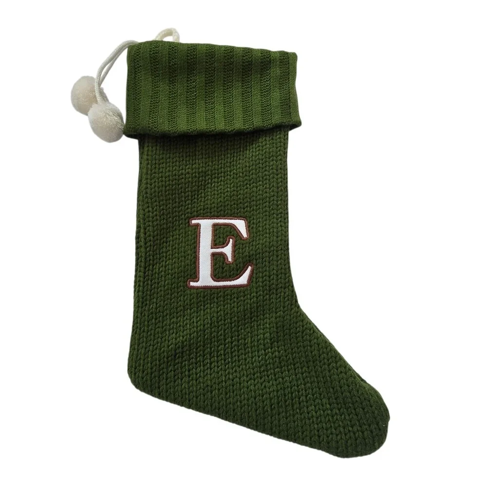 Knitted Holiday Monogram Initial Letter E Christmas Stocking Green Ivory Pom Pom
